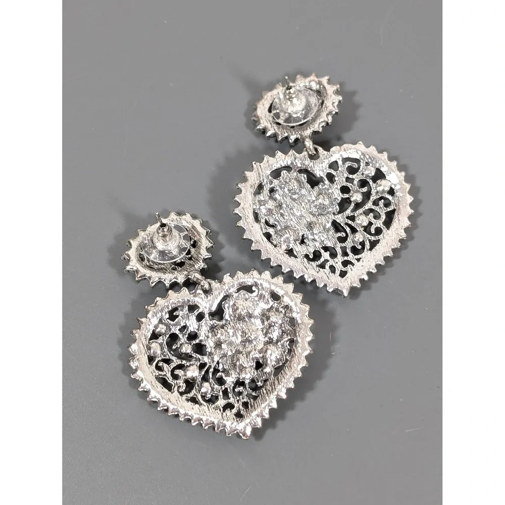 Large‎ Heart Dangle Earrings Silver Tone Openwork Gray Rhinestone Pierced